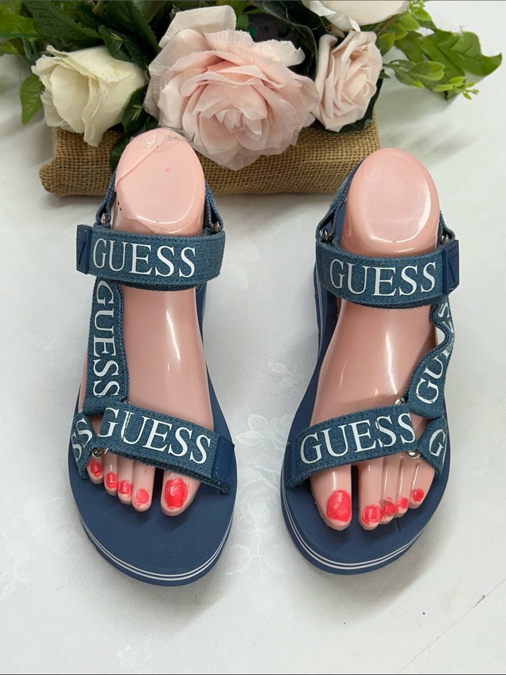 GUESS Navy Logo Strap Sandals with White Logo